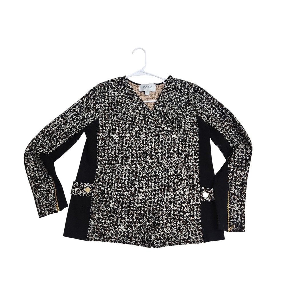 Per Se by Carlisle Womens Black Ivory Textured Knit Jacket Gold Zip Cuffs Size M